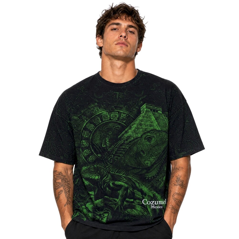 Vintage Cozumel Mexico All Over Print T-Shirt Iguana Pyramid AOP Mayan 90s L XL